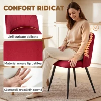 HOMCOM Set de 2 Scaune de Sufragerie din Catifea cu Spătar Tip Scoică, Culoare Roșu Vin,(m-6)