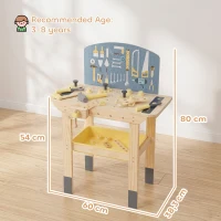 AIYAPLAY Banco da Lavoro per Bambini in Legno di Pino con 28 Accessori e Contenitore in PP, Età 3-8 Anni, Color Legno(m-3)