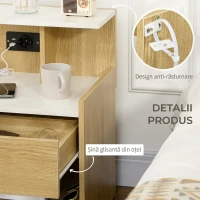 HOMCOM Noptieră modernă cu 2 prize, 2 porturi USB și sertar din PAL, 40x40x60cm, culoare lemn(m-6)