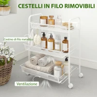 HOMCOM Carrello da Cucina a 3 Livelli con Cesti Removibili e 4 Ruote, in Acciaio e Plastica PP, 41.5Lx26.5x63 cm, Bianco(m-5)