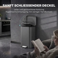 HOMCOM 30 L Mülleimer, schmaler Metall-Abfalleimer mit Kunststoff-Inneneimer, Soft-Close-Deckel und Fußpedal, Dunkelgrau(m-4)