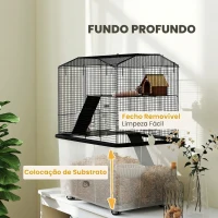 PawHut Gaiola para Hamster com Base Funda, Plataforma, Comedouro, Bebedouro, Rampa e Rodas 57x43x74 cm Preto(m-7)