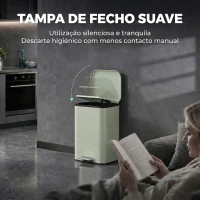 HOMCOM Caixote do Lixo de Cozinha 20 L em Aço Galvanizado com Tampa de Fecho Suave, Pedal, Balde Removível e Acabamento Anti-impressões Digitais Verde-Claro(m-4)