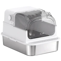 PawHut Arenero para Gatos de Acero Inoxidable XXL con Tapa Extraíble 3 en 1 Borde Alto Pedal Pala Diseño Desmontable Blanco(m-11)