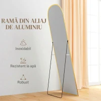 HOMCOM Oglindă de Podea și Perete Modernă din Aliaj de Aluminiu cu Suport Pliabil, 50x161.5 cm, Aur(m-6)