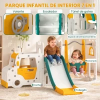 AIYAPLAY Columpio y Tobogán Parque Infantil 7 en 1 Tema de Coche Tobogán Largo Volante con Claxon Almacenaje 1-4 Años Blanco(m-4)