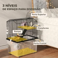PawHut Gaiola para Hamster com Base Funda, Plataforma, Comedouro, Bebedouro, Rampa e Rodas 57x43x74 cm Preto(m-4)