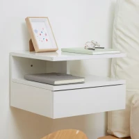 HOMCOM Set de 2 Noptiere Moderne Suspendate cu Sertar și Raft din Lemn 35x32x22,5cm, Alb Lucios(m-6)