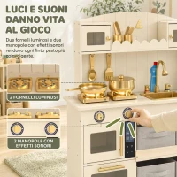 AIYAPLAY Cucina Giocattolo per Bambini in Legno con Luci e Suoni, 4 Cassetti in Tessuto, 12 Accessori, Regalo, 3-6 Anni(m-5)
