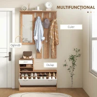 HOMCOM Mobilier Cuier 3 în 1 cu Suport pentru Pantofi și Oglindă, Cârlige și Sertare, din Lemn, 90x24x177 cm, Alb și Nuc(m-4)