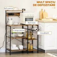 HOMCOM Raft de bucătărie cu priză multiplă pentru microunde, cu rafturi și coș din plasă, 90x42x130cm, maro(m-10)