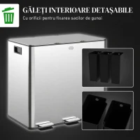 HOMCOM Pubelă de reciclare 45L cu 3 compartimente și închidere silențioasă, din oțel inoxidabil și PP, 61.9x36.6x43.2 cm, argintiu(m-7)