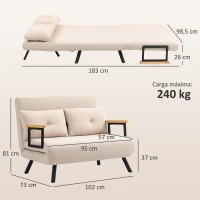 HOMCOM Sofá Cama Convertível 2 Lugares Dobrável com Encosto Ajustável em 5 Níveis e 2 Almofadas 102x73x81 cm Bege Creme(m-3)
