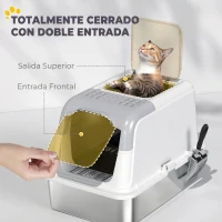 PawHut Arenero para Gatos de Acero Inoxidable XL con Tapa Abatible Caja de Arena Cerrada Borde Alto 2 Entradas Pala Metálica(m-5)