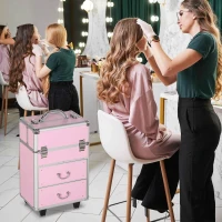 HOMCOM Husa pentru calatorii de machiaj, carucior mare de depozitare pentru produse cosmetice, portbagaj pentru carucior de calatorie cu blocare cu tavi pliabile, roti pivotante si chei, roz(m-7)