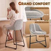 HOMCOM Lot de 2 Tabourets de Bar, Chaises de Bar en Chenille, Assise Rembourrée 64H cm, Dossier et Repose-Pieds, Gris(m-5)