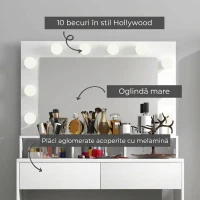 HOMCOM Masă de Machiaj cu Oglindă și 10 Lumini LED Reglabile, 2 Sertare și 3 Compartimente, 80x40x135 cm, Alb(m-6)