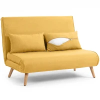 HOMCOM Sofá-Cama de 2 Lugares Dobrável Estofado em Linho com Encosto Ajustável em 5 Posições e 2 Almofadas Amarelo(m-13)