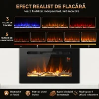 HOMCOM Șemineu Electric de 60 cm, Încastrat sau de Perete, 1800 W, Temporizator 24 de Ore, Flacără Reglabilă, Cristale(m-4)