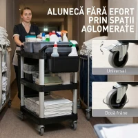 HOMCOM Carucior Profesional pentru Curățenie cu 3 Rafturi, 2 Recipiente Detașabile, Găleată Laterală și 4 Roți, Negru(m-6)