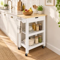 HOMCOM Kitchen Trolley Utility Cart on Wheels with Rubberwood Worktop, Towel Rack, Storage Shelves & Drawer for Dining Room(m-9)