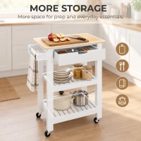 HOMCOM Kitchen Trolley Utility Cart on Wheels with Rubberwood Worktop, Towel Rack, Storage Shelves & Drawer for Dining Room(m-4)