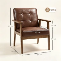 HOMCOM Poltrona Sala de Estar Estofada em PU com Apoio para os Braços e Estrutura de Madeira de Borracha 64x66x80 cm Marrom(m-3)