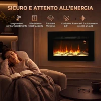 HOMCOM Caminetto Elettrico 60 cm da Incasso o Parete, 1800W, Timer, Fiamma Regolabile e Telecomando, Nero(m-6)