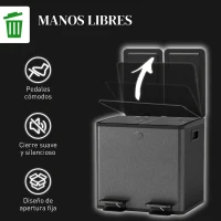 HOMCOM Papelera Cocina de Acero Inoxidable con 2 Compartimentos 2x15L Pedal Tapas de Cierre Suave y Cubo Extraíble Negro(m-6)