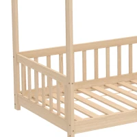 HOMCOM House-Shaped Kids Bed Frame with Guard Rails, Solid Pine Wood Single Bed Frame for Kids Boys and Girls, Natural(m-10)