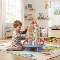 AIYAPLAY Wooden Activity Cube, Rocket Theme Educational Toys with Shape Sorter & Bead Maze for Toddlers 24M-6Y Fine Motor Skill(m-2)