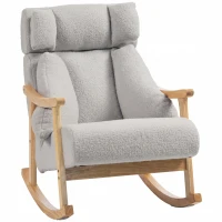 HOMCOM Fauteuil à bascule rembourré en bouclé avec appuie-tête réglable et pieds en bois 65x98x88 cm Gris clair(m-7)