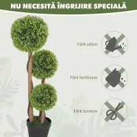 HOMCOM Set 2 Plante Artificiale de Buxus cu 3 Sfere, cu Ghiveci și Fund Întărit, Înălțime 90 cm, pentru Interior și Exterior(m-6)