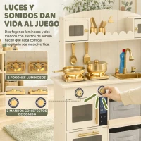 AIYAPLAY Cocina de Juguete de Madera con Luces y Sonidos 4 Cestas de Tela 2 Fogones Fregadero Microondas 3-6 Años Crema(m-5)