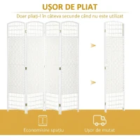 HOMCOM Paravan cu 4 panouri pliabil pentru interior, autoportant și împletit, 160x170 cm, alb(m-4)