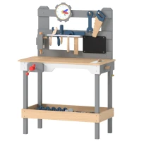 AIYAPLAY Banco da Lavoro per Bambini in Legno con Set di Attrezzi 15 Pezzi, Orologio, Lavagna, Ripiano, 3-6 Anni, Grigio(m-7)