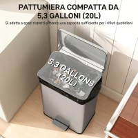 HOMCOM Pattumiera Rettangolare a Pedale 20L in Metallo con Secchio Interno Rimovibile, Chiusura Ammortizzata, Argento(m-4)