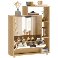 HOMCOM Schuhschrank 10 Paar, Schuhschrank, Spiegeltür, 2 Klappfächer und offene Fächer, Eiche(m-8)