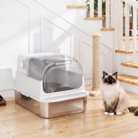 PawHut Arenero para Gatos de Acero Inoxidable XXL con Tapa Extraíble 3 en 1 Borde Alto Pedal Pala Diseño Desmontable Blanco(m-8)