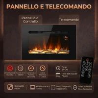 HOMCOM Caminetto Elettrico 60 cm da Incasso o Parete, 1800W, Timer, Fiamma Regolabile e Telecomando, Nero(m-5)