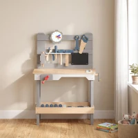 AIYAPLAY Banco da Lavoro per Bambini in Legno con Set di Attrezzi 15 Pezzi, Orologio, Lavagna, Ripiano, 3-6 Anni, Grigio(m-4)