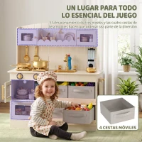 AIYAPLAY Cocina de Juguete de Madera con Luces y Sonidos 4 Cestas de Tela 2 Fogones Fregadero Microondas 3-6 Años Crema(m-7)