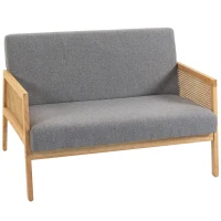 HOMCOM 2-Sitzer-Sofa mit Leinenoptikbezug und synthetischen Rattan-Details, Holzgestell, Tragkraft 240 kg, 115x77x77 cm, Grau(m-8)