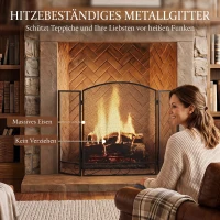HOMCOM Kaminschutzgitter, faltbarer 3-teiliger Funkenschutz aus Metall für Wohn- und Schlafzimmer, 123 x 70 cm, Schwarz(m-7)