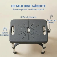 HOMCOM Scaun de Duș din Aluminiu cu Raft Integrat, Înălțime Reglabilă pe 5 Niveluri, Suport 150kg, Gri(m-7)