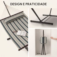 Outsunny Cama Rede com Suporte Portátil Almofada Removível Barras Estabilizadoras Exterior 353x94x115 cm Verde(m-10)