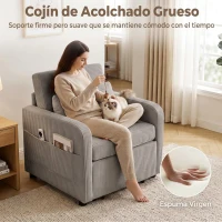 HOMCOM Sofá Cama 1 Plaza Convertible 3 en 1 de Pana con Respaldo Ajustable Almohada Extraíble para Salón Dormitorio Gris(m-6)