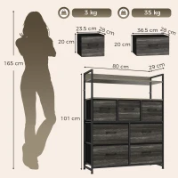 HOMCOM Chest of Drawers, Bedroom Fabric Dresser with 7 Drawers, Storage Organiser Unit with Open Shelves, Grey Wood-Effect(m-3)