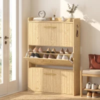 HOMCOM Pantofar Slim cu 3 Uși Rabatabile, Rafturi Reglabile pe 3 Niveluri, pentru 12-18 Perechi, Maro Deschis(m-2)