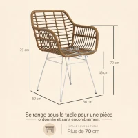 HOMCOM Lot de 2 chaises fauteuils de salle à mager design bohème assise en résine tressée piètement en acier blanc(m-3)
